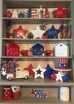 patriotic decorations on shelves in a room