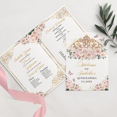 two wedding programs with pink flowers and gold foil on them, next to a ribbon