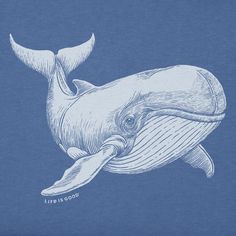 a blue t - shirt with a drawing of a humpback whale on it's chest