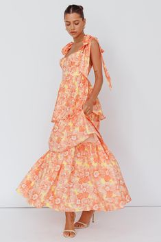 Wedding Guest Dress Tiered, Boho Sheek Outfits, Orange Bridesmaids Dress, Weekend Lunch, Tan Mules, Babydoll Dresses, Midi Dress Floral, Orange Bridesmaid Dresses, Orange Midi Dress