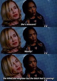 two women talking to each other in front of a brick wall with the words how to defend your best friend she's innocent