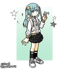 a drawing of a girl with blue hair and black shoes holding her hand up in the air