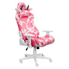 a pink and white office chair with giraffe print