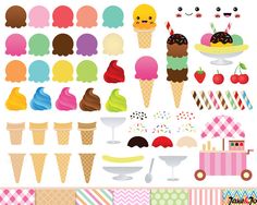 an assortment of ice creams and desserts in different shapes, sizes and colors