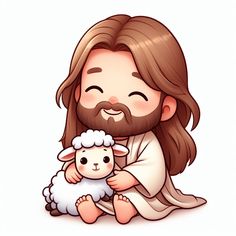 a cartoon jesus holding a baby sheep