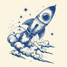 a drawing of a rocket taking off into the sky with clouds and stars around it