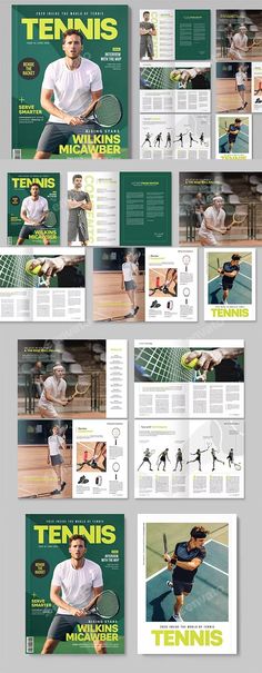 the tennis brochure is shown with many different pages on it, including an image of