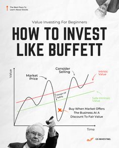 a man pointing at an upward graph with the words how to invest like buffett