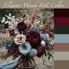 a vase filled with flowers on top of a table next to a blue blanket and text that reads elegant navy fall colors