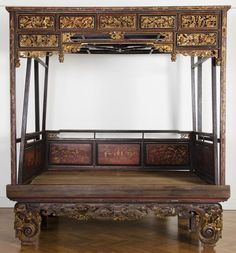 CHINESE OPIUM BED: Black & red lacquered finish with gilt highlights. 20th century 2-3 Deck Canopy, Wedding Bed, Backyard Canopy, Wedding Canopy, Diy Canopy, White Canopy, Door Canopy, Fabric Canopy