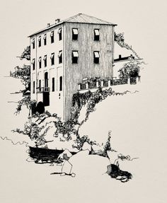 a black and white drawing of a building with trees growing out of the top of it