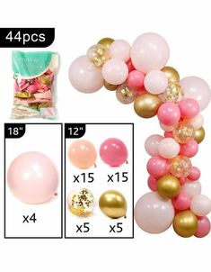 balloons and confetti are shown with the measurements for each balloon