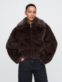 Soft faux fur jacket.  Spread collar.  Long sleeves.  Zipper front.  Elasticized hem.  Fit: Relaxed.  A straight & easy fit.  For a Classic fit, go down one Faux Fur Long Coat, Ny Winter Fashion, Holiday Wishlist, Fur Jacket Outfit, Faux Fur Cropped Jacket, Leopard Jacket, Nyc Outfits, Faux Fur Jacket, Faux Fur Coat