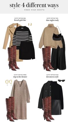 Work Fashion 2023, Quiet Luxury Capsule Wardrobe, Play Outfit Theater, Minnesota Outfits, Brown Winter Cardigan For Day Out, Casual Brown Knee-high Boots For Winter, Styling Knee High Boots, Elegant Brown Knee-high Winter Boots, Brown Knee-length Winter Boots