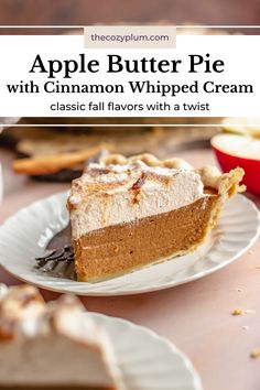 a slice of apple butter pie with cinnamon whipped cream on a white plate next to an apple