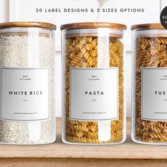 three glass jars filled with pasta and white rice on top of a wooden shelf next to a window