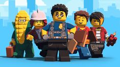 the lego movie characters are posed in front of a cityscape