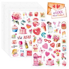 two sheets of stickers with pink and red designs on the front, one has an envelope