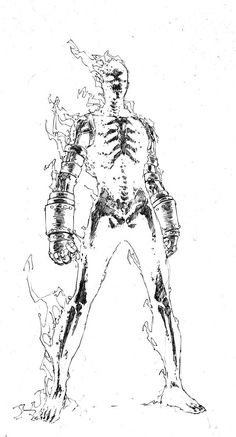 a black and white drawing of a skeleton holding buckets with fire coming out of it