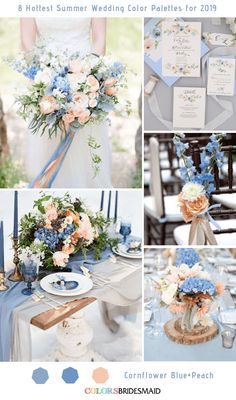 wedding color palettes for the bride and groom in blue, pink, peach and white