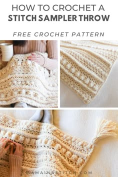 the crochet afghan is shown with text overlay that says how to crochet a stitch sample throw