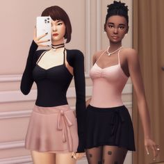 two animated women standing next to each other in front of a mirror holding up a cell phone