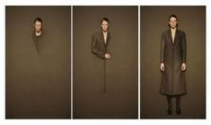 three different images of a woman in a long coat