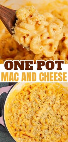 one pot macaroni and cheese in a white bowl with a wooden spoon