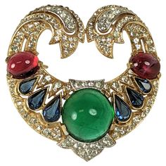 Rare Trifari Jewels of India Brooch from the Moghul series. Elaborate pave crystal stone work set in both gilt and rhodium metal with cabochon stones in jewel tones. 1960's USA. 2" x 1.75". Dazzling Jewelry, Magnificent Jewels, Trifari Brooch, Walmart Jewelry, Trifari Jewelry, Wedding Brooch, Crown Trifari, Costume Earrings, Antique Necklace