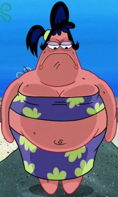 an animated cartoon character with large breast and black hair, wearing purple swimsuits