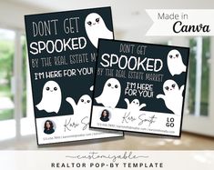 two flyers for realtor pop - by - templates with ghost faces on them