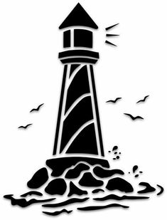 a black and white image of a lighthouse with birds flying around it's base