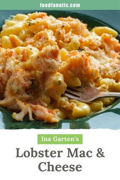 an image of lobster macaroni and cheese on a green plate with a fork