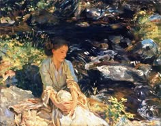 a painting of a woman sitting next to a stream