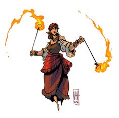 a woman holding two torches in one hand and an orange flame in the other, on fire