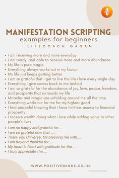 a poster with the words,'manifestationation scripting examples for beginners '