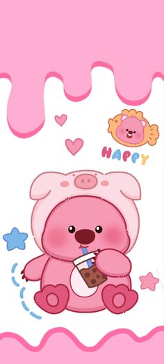 a pink bear holding a drink in it's hand with the caption lucky