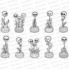 skulls in pots with flowers and plants on them, set of 8 rubber stamps for crafts