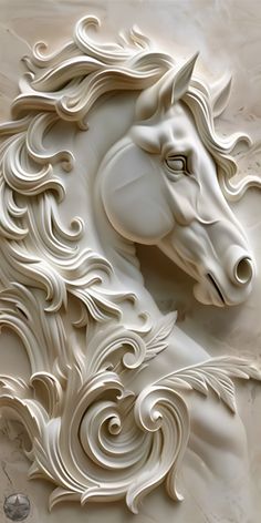 an intricately designed horse head on a marble wallpapered surface with white swirls