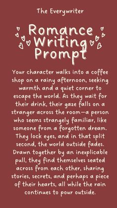 Looking to ignite your creativity with some fresh ideas? This romance writing prompt is perfect for adding depth to your characters and exploring themes like 2nd chance romance or boss romance dynamics. Save this to your 'writing prompts' board and use it to inspire your next story, whether it’s for a 30-day writing challenge or just to beat writer's block. Perfect for aspiring authors looking to create unforgettable character names and compelling plot twists. Story Romance Ideas, Ways To Start A Romance Story, Story Ideas For Writing, Storyline Ideas Romance, Story Hooks Ideas Writing Prompts, Tragic Love Story Prompts, Rom Com Writing Prompts, Writing Plot Prompts, Plot Story Ideas