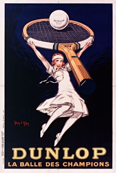 an old poster shows a woman holding a tennis racket in the air with her hands