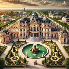 an aerial view of a palace with a fountain in the middle