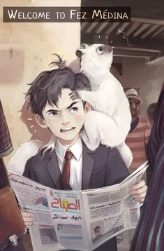 a man reading a newspaper with a cat sitting on his shoulder and another person looking at him