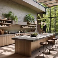 an open kitchen with lots of counter space and plants on the shelves above it, along with bar stools