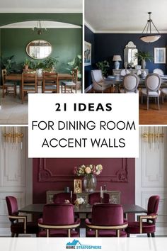 A collage of dining rooms showcasing different accent walls, including wood paneling and modern minimalist designs. Dining Room Accent Wall Ideas, Room Accent Wall Ideas, Dining Room Feature Wall, Dining Room Accent Wall, Dark Accent Walls, Bold Paint Colors, Grey Accent Wall, Accent Wall Ideas, Dining Room Accents