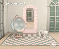 the room is decorated in pastel colors and has a mirror, chair, and other items