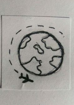 a drawing of a plane flying over the earth on a piece of paper with black ink