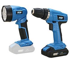 two blue and black cordless drillers sitting next to each other