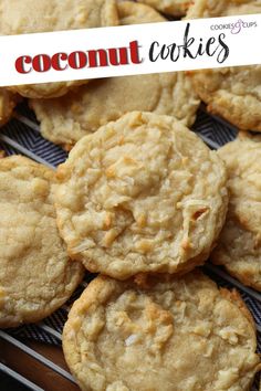 coconut cookies on a cooling rack with a sign in the background that says coconut cookies