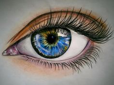 a drawing of an eye with blue and green irises on it's iris